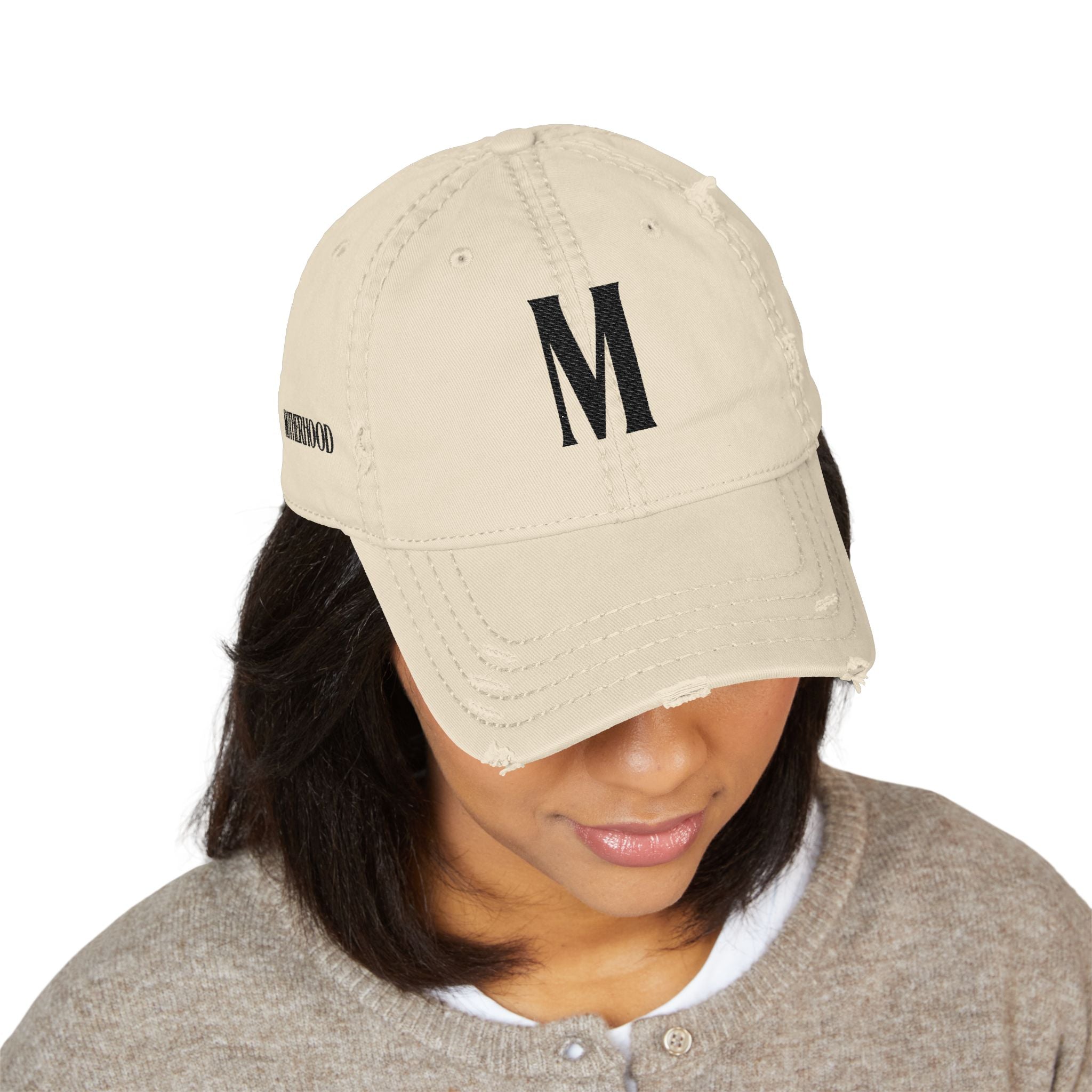 Distressed Embroidered Mom Hat — Monogram "M" Vintage Washed Cap Sand